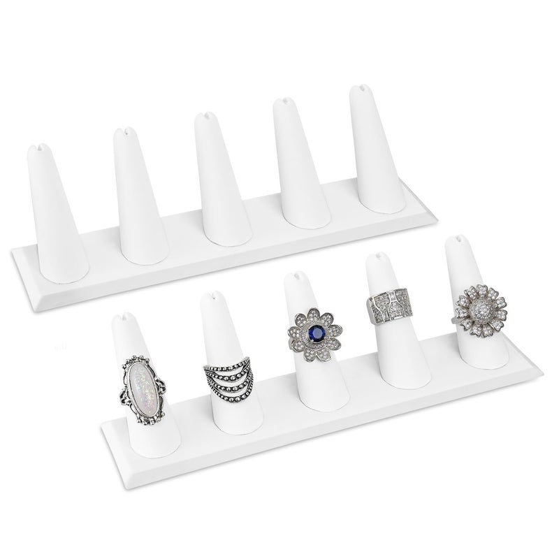 MOOCA 2 Pcs Set Ring Organizer for Showcase Display Drawer 5 Long Ring Storage Holder Jewelry Display Stands Showcase Jewelry Storage Counter, White Leatherette, 8 W x 2 1/8 D x 2 1/2 H in - Image 1